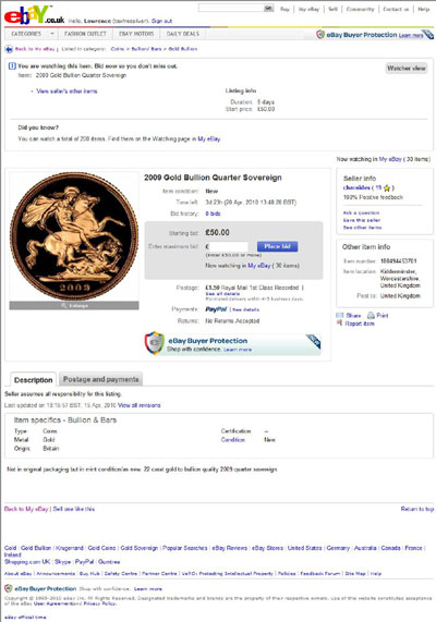charaides eBay Listing Using our 2009 Proof Gold Sovereign Reverse Photograph